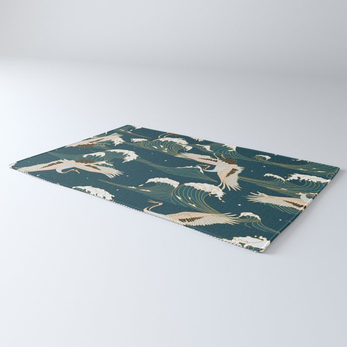 Japanese Crane Oriental Ocean Wave Pattern Rug Gallery Image 3