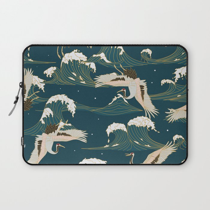 Japanese Crane Oriental Ocean Wave Pattern Laptop Sleeve Gallery Image 1