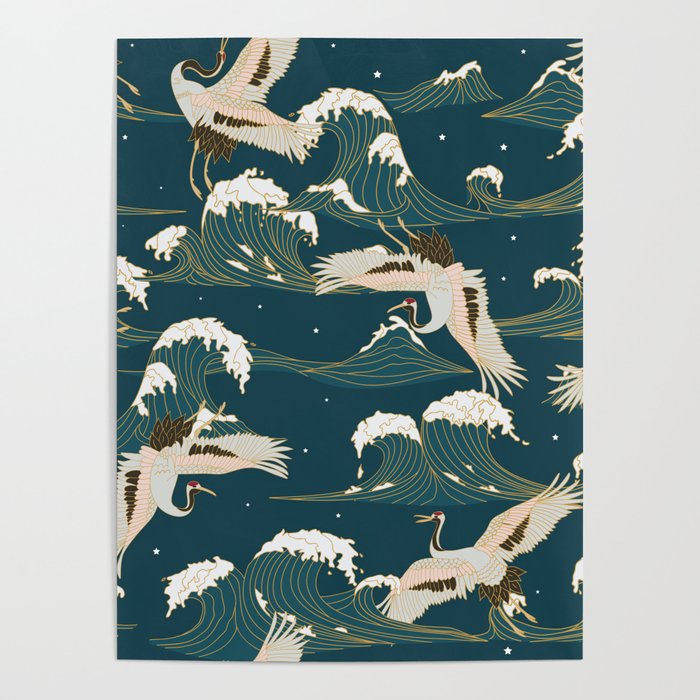 Japanese Crane Oriental Ocean Wave Pattern Poster Gallery Image 4