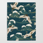 Japanese Crane Oriental Ocean Wave Pattern Poster Gallery Image 4