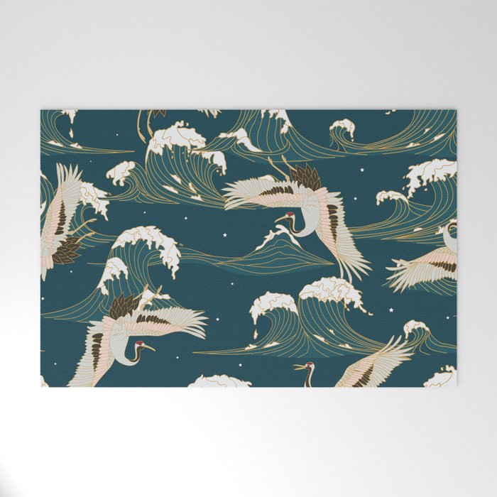 Japanese Crane Oriental Ocean Wave Pattern Welcome Mat Gallery Image 1