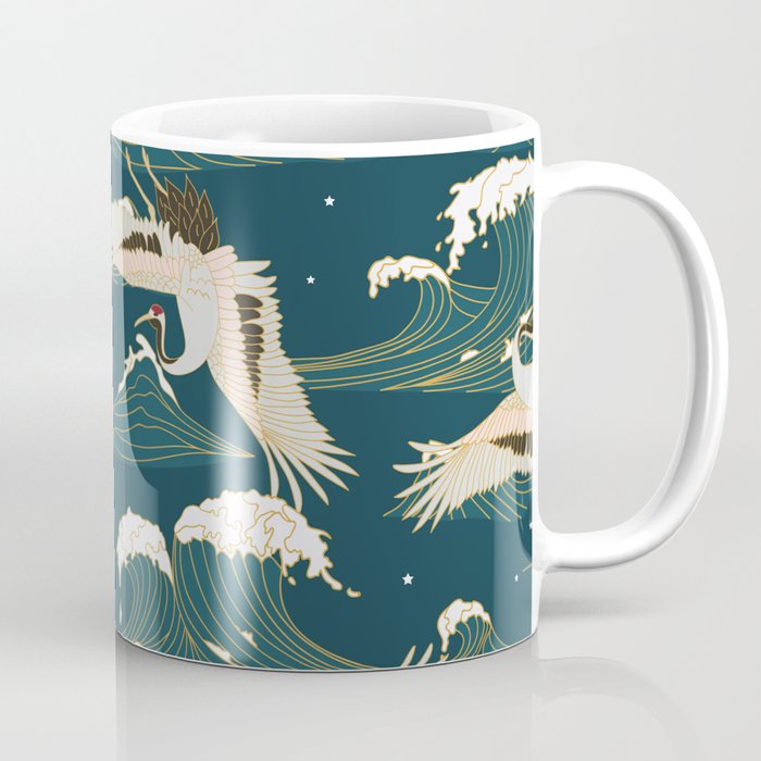 Japanese Crane Oriental Ocean Wave Pattern Coffee Mug Gallery Image 1
