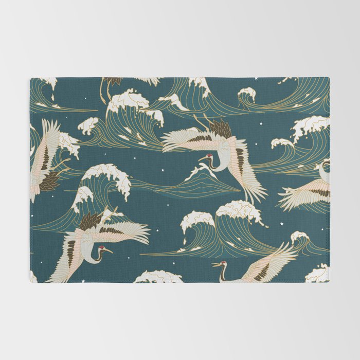 Japanese Crane Oriental Ocean Wave Pattern Rug Gallery Image 2