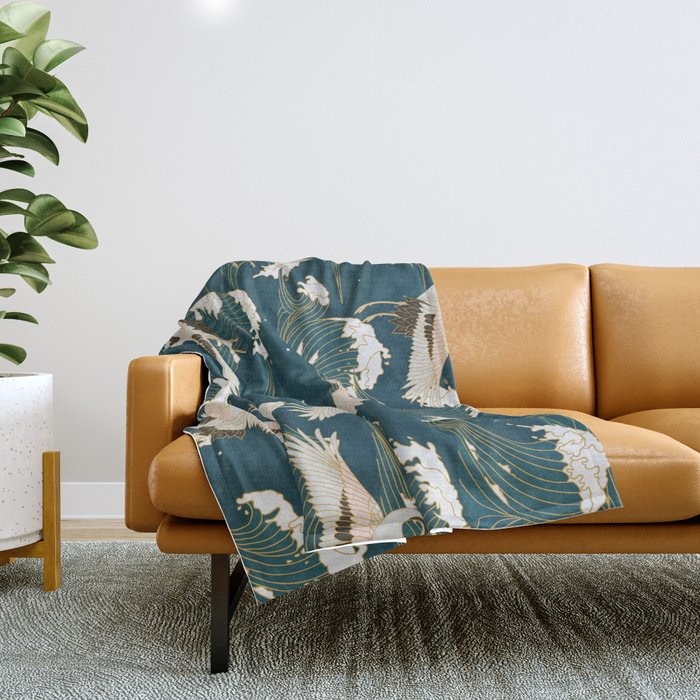 Japanese Crane Oriental Ocean Wave Pattern Throw Blanket Gallery Image 1