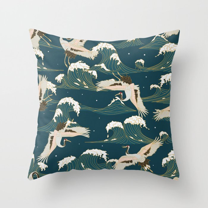 Japanese Crane Oriental Ocean Wave Pattern Throw Pillow Gallery Image 6