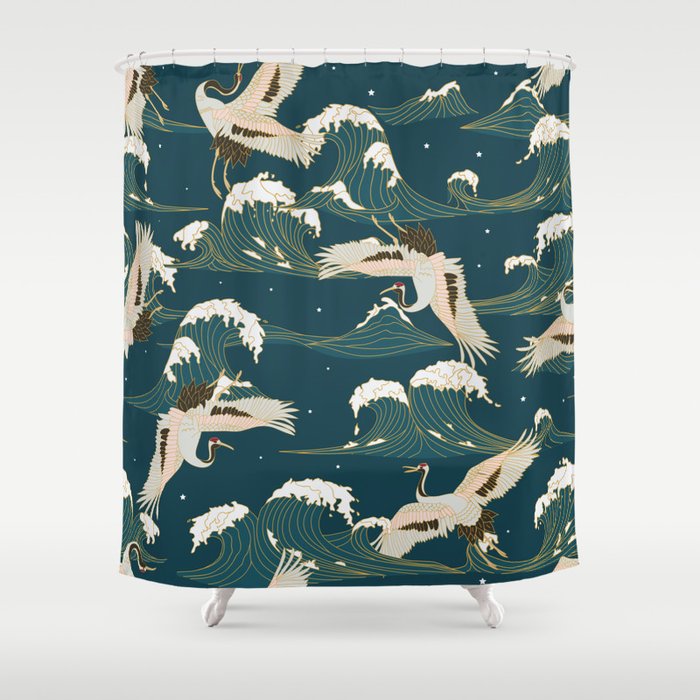Japanese Crane Oriental Ocean Wave Pattern Shower Curtain Gallery Image 1