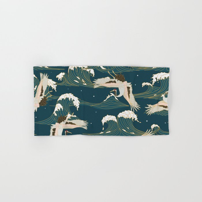 Japanese Crane Oriental Ocean Wave Pattern Bath Towel Gallery Image 1