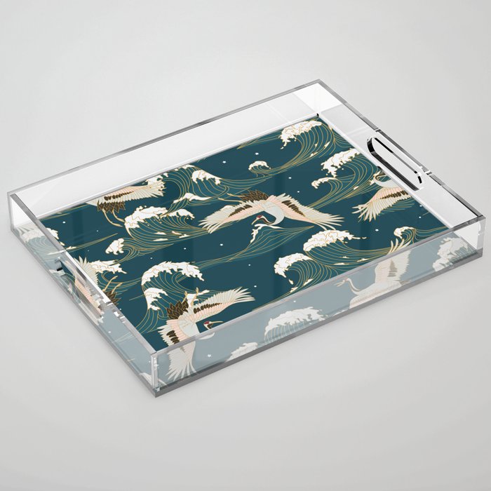 Japanese Crane Oriental Ocean Wave Pattern Acrylic Tray Gallery Image 1