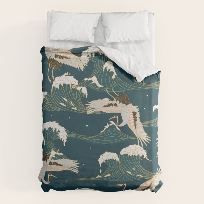 Japanese Crane Oriental Ocean Wave Pattern Duvet Cover Gallery Image 1