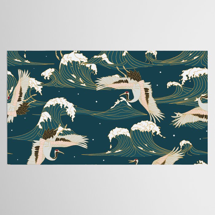 Japanese Crane Oriental Ocean Wave Pattern Tablecloth Gallery Image 2