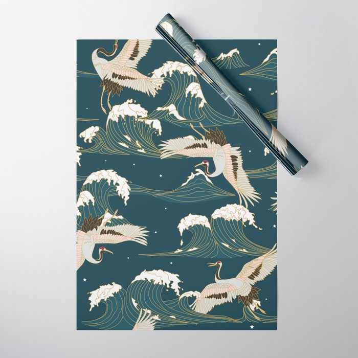 Japanese Crane Oriental Ocean Wave Pattern Wrapping Paper Gallery Image 1