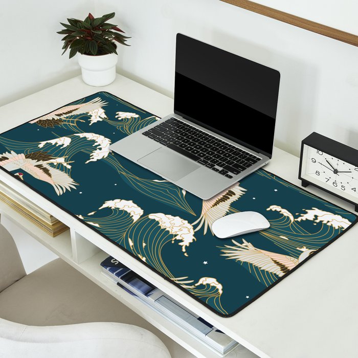 Japanese Crane Oriental Ocean Wave Pattern Desk Mat Gallery Image 2