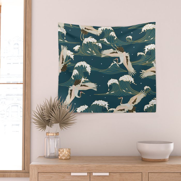 Japanese Crane Oriental Ocean Wave Pattern Wall Tapestry Gallery Image 2