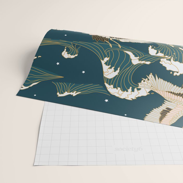 Japanese Crane Oriental Ocean Wave Pattern Wrapping Paper Gallery Image 2