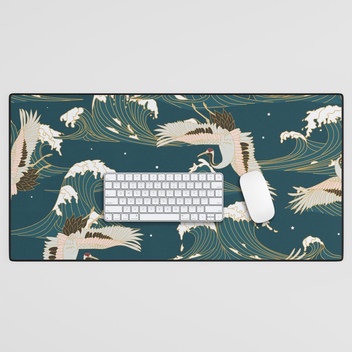 Japanese Crane Oriental Ocean Wave Pattern Desk Mat Gallery Image 1