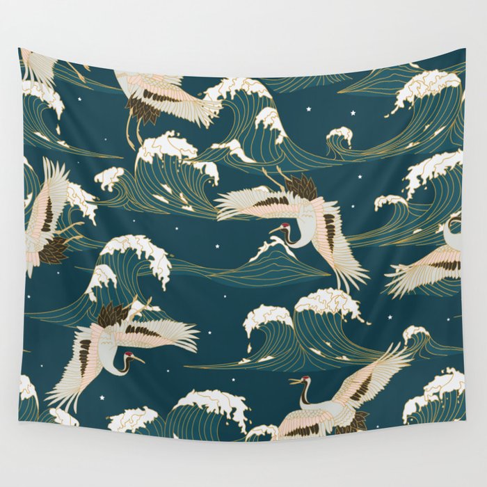 Japanese Crane Oriental Ocean Wave Pattern Wall Tapestry Gallery Image 4