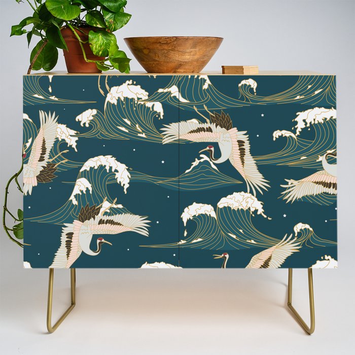 Japanese Crane Oriental Ocean Wave Pattern Credenza Gallery Image 1
