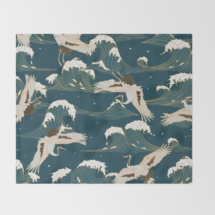 Japanese Crane Oriental Ocean Wave Pattern Throw Blanket Gallery Image 2