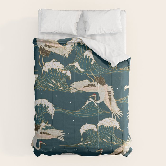 Japanese Crane Oriental Ocean Wave Pattern Comforter Gallery Image 6