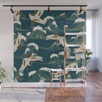 Japanese Crane Oriental Ocean Wave Pattern Wall Mural Gallery Image 1