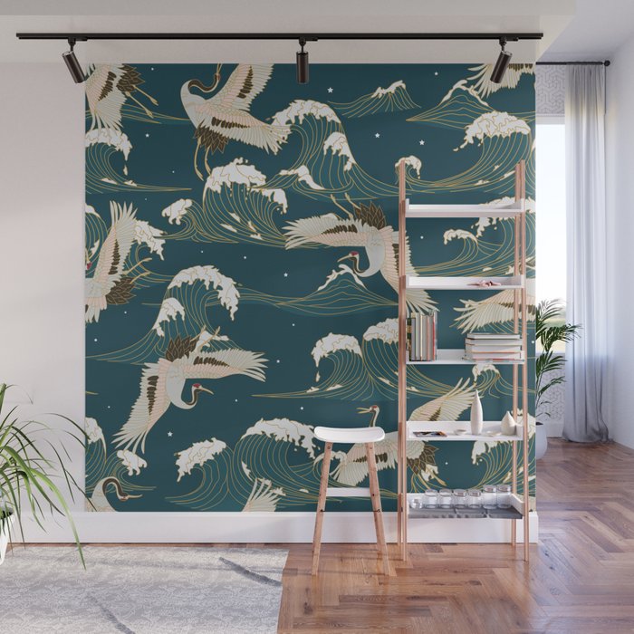 Japanese Crane Oriental Ocean Wave Pattern Wall Mural Gallery Image 1