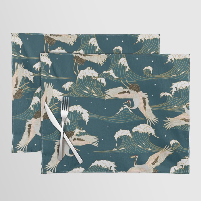 Japanese Crane Oriental Ocean Wave Pattern Placemat Gallery Image 1