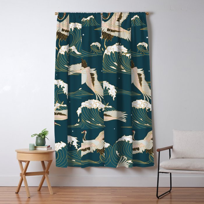 Japanese Crane Oriental Ocean Wave Pattern Window Curtain Gallery Image 5