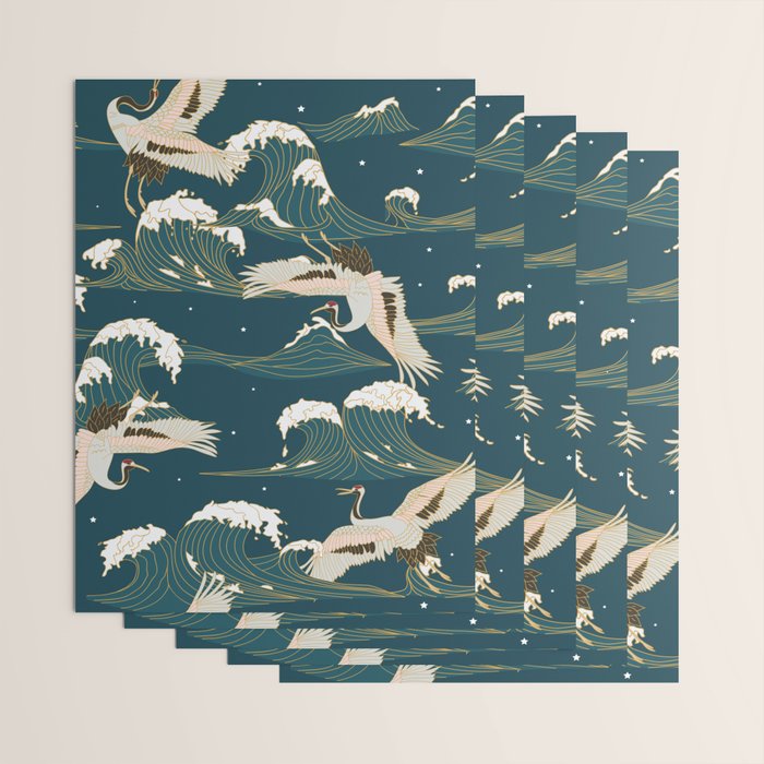 Japanese Crane Oriental Ocean Wave Pattern Wrapping Paper Gallery Image 3