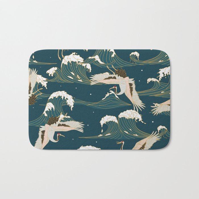 Japanese Crane Oriental Ocean Wave Pattern Bath Mat Gallery Image 1