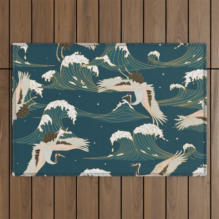 Japanese Crane Oriental Ocean Wave Pattern Outdoor Rug Gallery Image 1