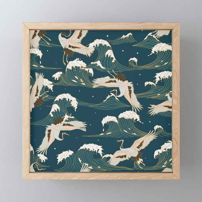 Japanese Crane Oriental Ocean Wave Pattern Mini Art Print Gallery Image 1