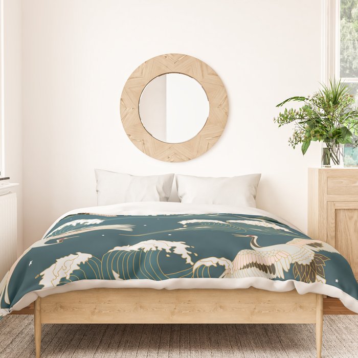 Japanese Crane Oriental Ocean Wave Pattern Duvet Cover Gallery Image 3