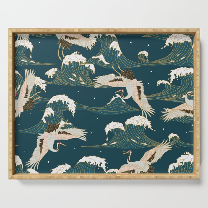 Japanese Crane Oriental Ocean Wave Pattern Serving Tray Gallery Image 1