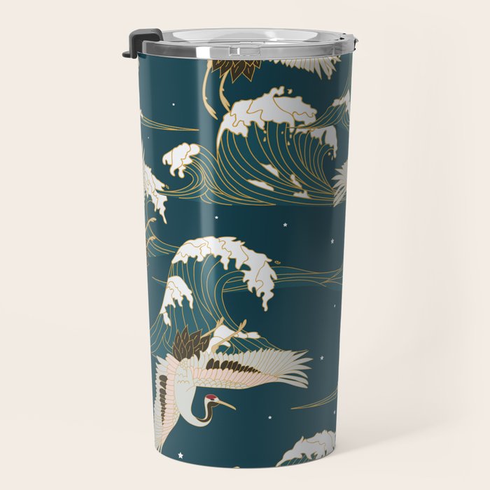 Japanese Crane Oriental Ocean Wave Pattern Travel Mug Gallery Image 3