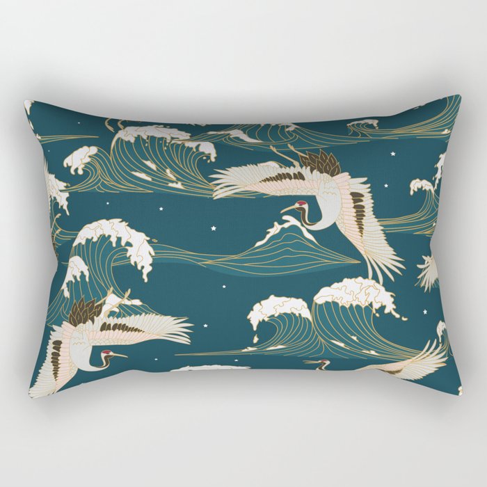 Japanese Crane Oriental Ocean Wave Pattern Rectangular Pillow Gallery Image 1