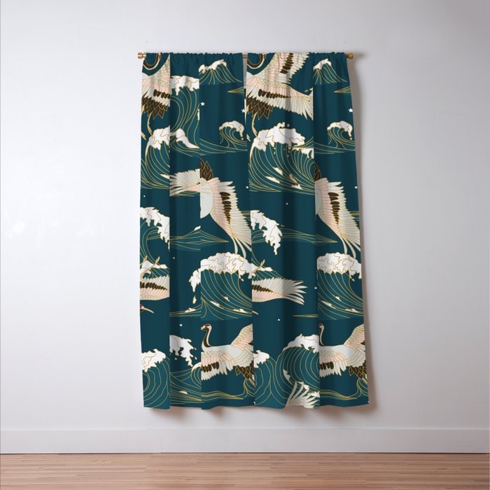 Japanese Crane Oriental Ocean Wave Pattern Window Curtain Gallery Image 3