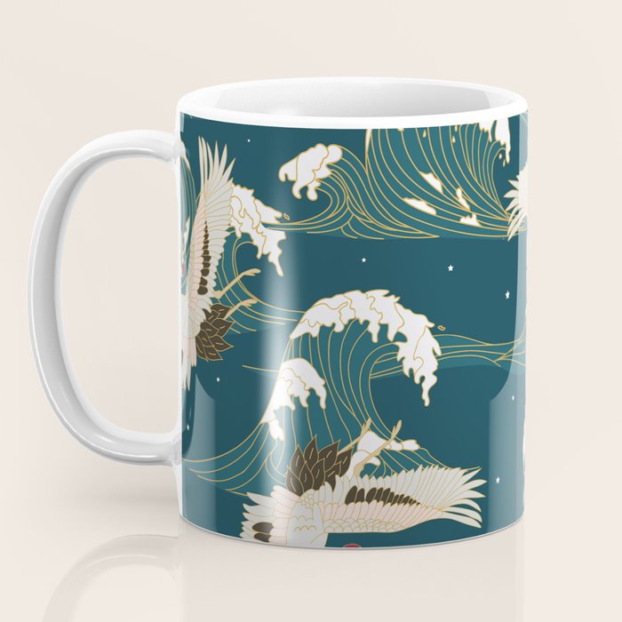 Japanese Crane Oriental Ocean Wave Pattern Coffee Mug Gallery Image 3