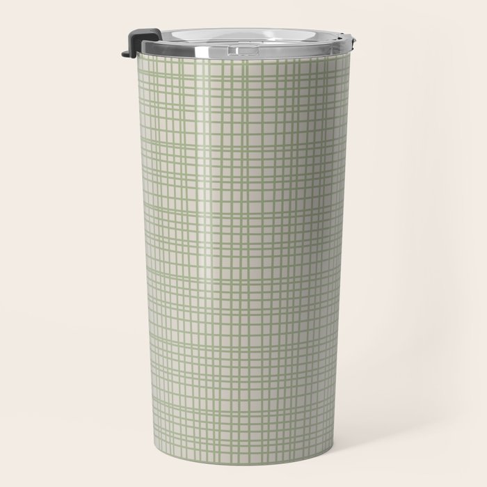 Fine Weave Retro Mid Century Modern Minimalist Woven Line Pattern in Sage and Beige Travel Mug Gallery Image 3