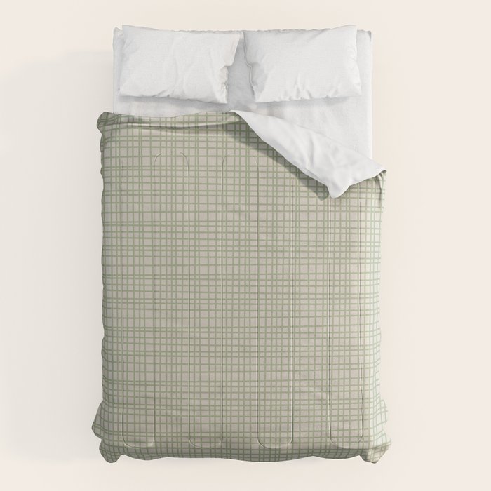 Fine Weave Retro Mid Century Modern Minimalist Woven Line Pattern in Sage and Beige Comforter Gallery Image 6