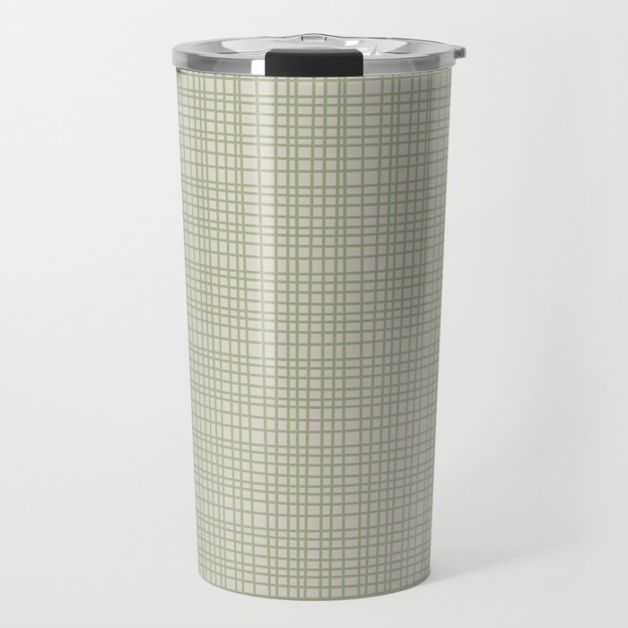 Fine Weave Retro Mid Century Modern Minimalist Woven Line Pattern in Sage and Beige Travel Mug Gallery Image 1