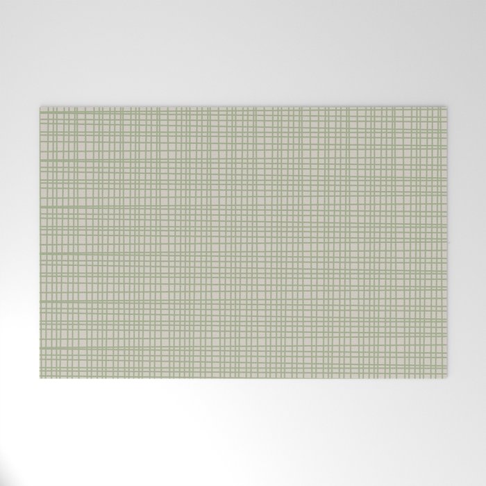 Fine Weave Retro Mid Century Modern Minimalist Woven Line Pattern in Sage and Beige Welcome Mat Gallery Image 1