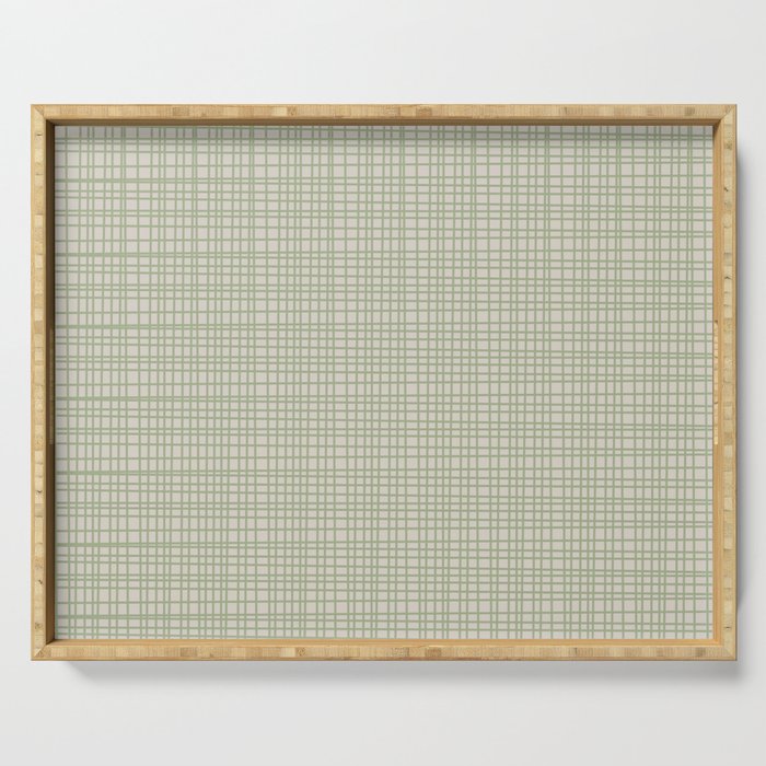 Fine Weave Retro Mid Century Modern Minimalist Woven Line Pattern in Sage and Beige Serving Tray Gallery Image 1