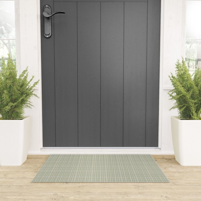 Fine Weave Retro Mid Century Modern Minimalist Woven Line Pattern in Sage and Beige Welcome Mat Gallery Image 3