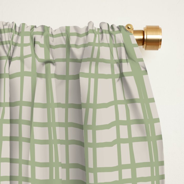 Fine Weave Retro Mid Century Modern Minimalist Woven Line Pattern in Sage and Beige Window Curtain Gallery Image 2