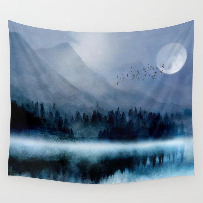 Mountainscape Under The Moonlight Wall Tapestry Gallery Image 1