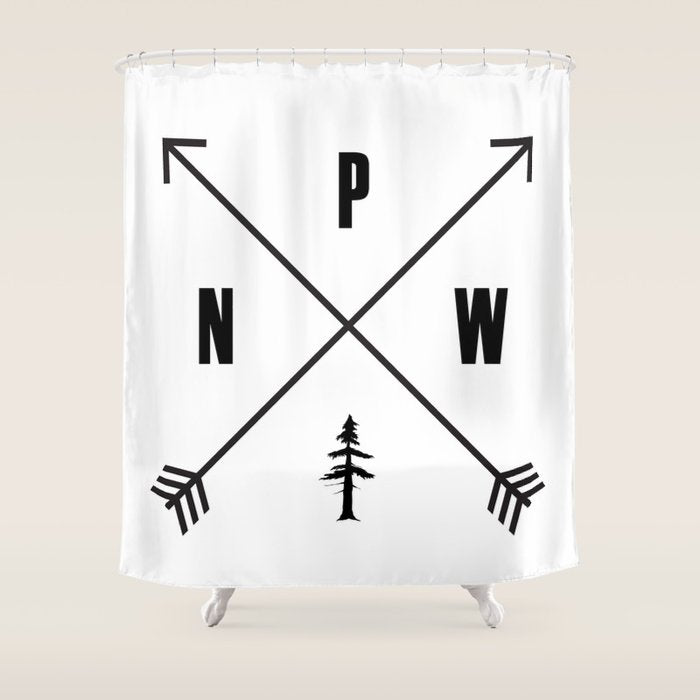 PNW Pacific Northwest Compass - Black on White Minimal Shower Curtain Gallery Image 1