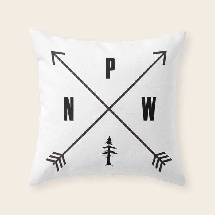 PNW Pacific Northwest Compass - Black on White Minimal Throw Pillow Gallery Image 1