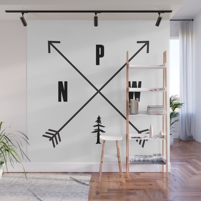 PNW Pacific Northwest Compass - Black on White Minimal Wall Mural Gallery Image 1