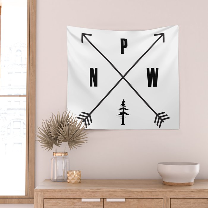 PNW Pacific Northwest Compass - Black on White Minimal Wall Tapestry Gallery Image 2