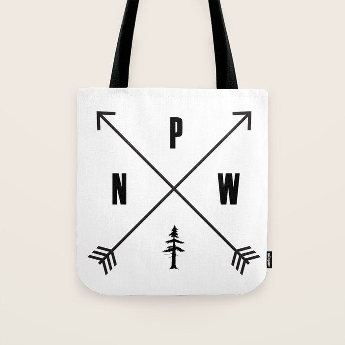 PNW Pacific Northwest Compass - Black on White Minimal Tote Bag Gallery Image 1